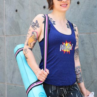 Model wearing blue wiz kid tank top with yoga mat strapped to shoulder